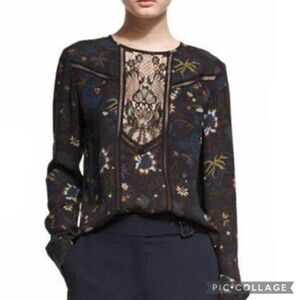 A.L.C. Noemi Silk Floral Sheer Lace Panel Blouse XS 0 Boho Luxe Designer Top